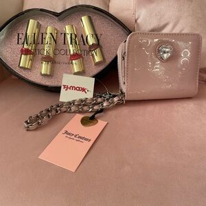 Juicy Couture Blush Pink Patent Mini Card Case with Heart Charm and Chain
